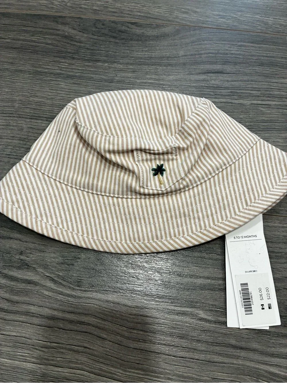Janie and Jack Beige and White Striped Bucket Hat with Green Embroidery